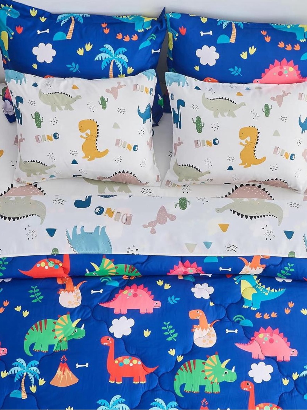Kids Dinosaur Comforter Set - Blue & White
